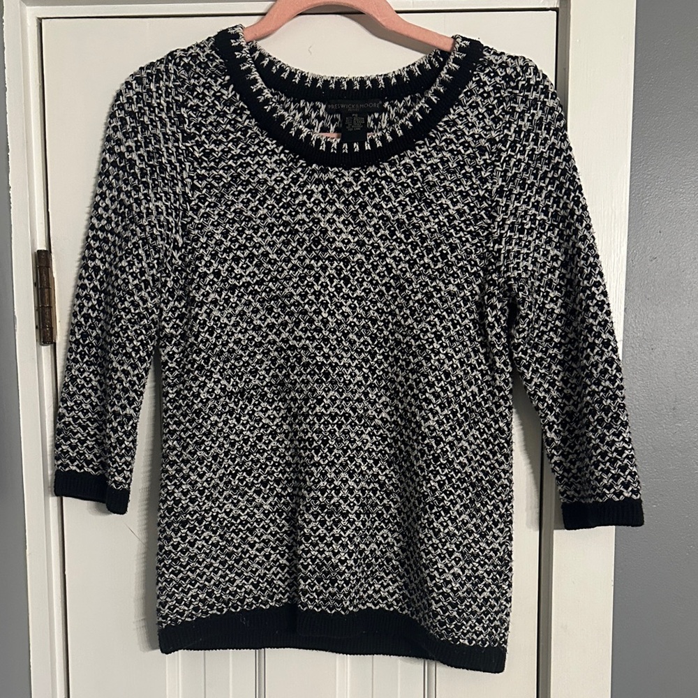 Preswick & Moore Black White Geometric Textured Knit Sweater PS Petite Office